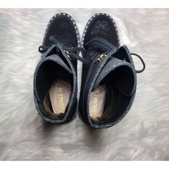 Stuart Weitzman|Sondra Bead Embellished Black Glitter Combat Boots, 6 - Picture 15 of 16